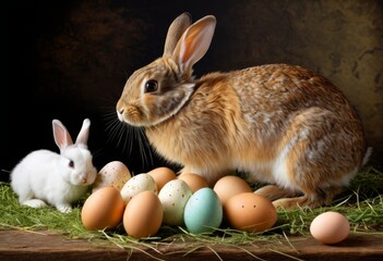 Obraz premium There are two rabbits and eggs on the grass with a deep background