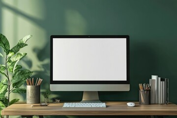 Modern Home Workstation with Pc Computer Mockup and Supplies on Table Against Green Wall 3D Render