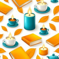 Cozy Autumn Vibes with Candles, Books, and Leaves in a Warm and Inviting Pattern Design
