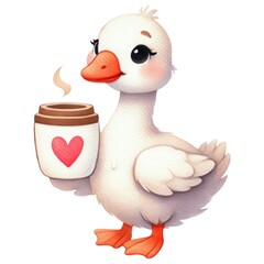 Love goose concept. A cute cartoon duck holding a coffee cup with a heart, exuding a cheerful and cozy vibe.