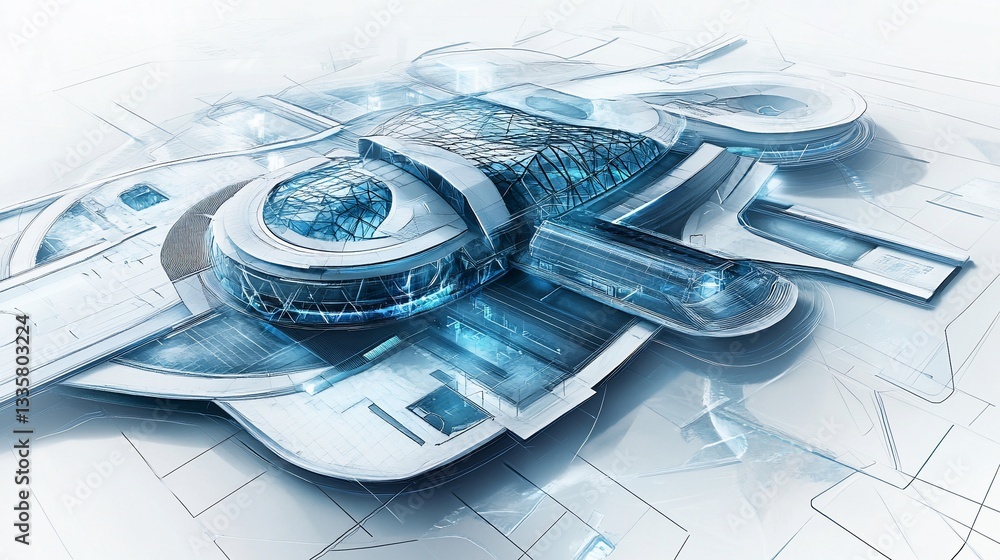 Poster futuristic architectural design concept featuring glass and structural elements in a white setting