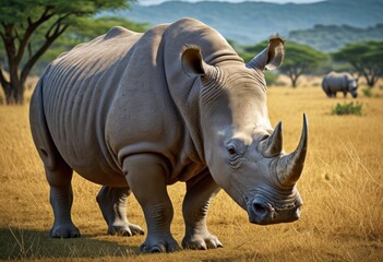 Obraz premium A rhinoceros stands in the grass Background are other animals
