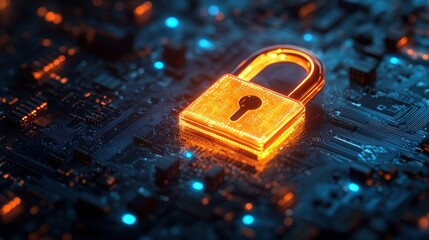 Glowing padlock over circuit board illustrating data security and network protection in a modern technological environment with a digital aesthetic