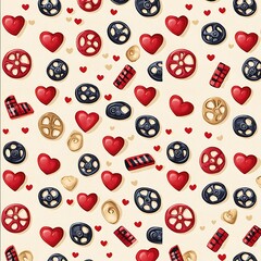 Colorful Pattern of Buttons and Hearts on a Cream Background for Craft and Sewing Projects