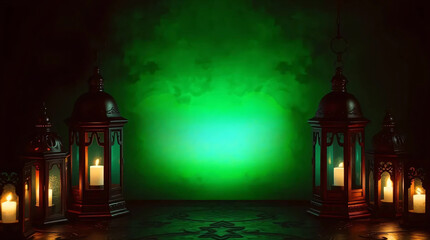 Ramadan Mubarak with Lanterns, Antique Bronze Texture, Mysterious Backlighting, Eerie Dark Patina Effect