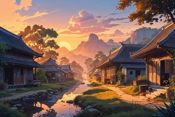 Fototapeta premium Serene Sunrise in Rustic Asian Village Digital Art of Nature and Architecture