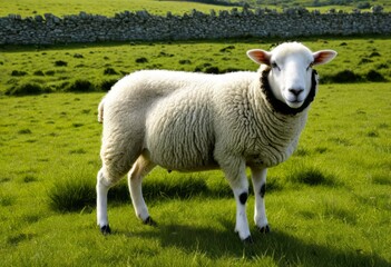 Fototapeta premium A sheep stands in the meadow against a stone wall