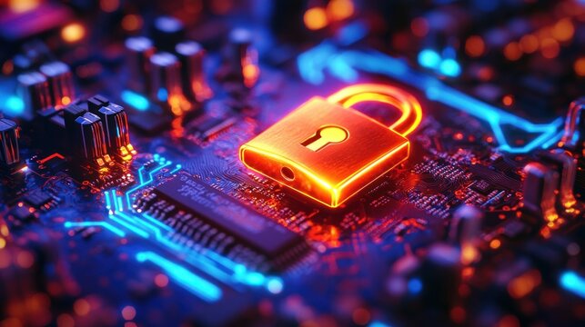 Glowing padlock securing a computer circuit board symbolizing digital security data encryption and cybersecurity threat protection on modern technology