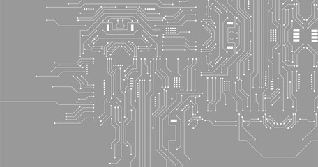 Technology white circuit diagram on gray background.  High-tech circuit board connection system. Vector 
