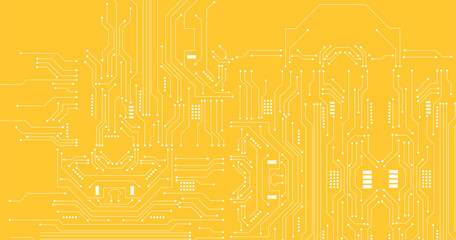 Technology white circuit diagram on yellow background.