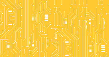 Technology white circuit diagram on yellow background. Circuit board technology background with hi-tech digital data connection system.