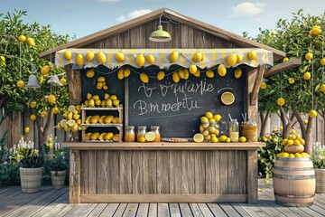 High Definition View of Lemonade Stand with Chalkboard Sign and Lemon Decorations