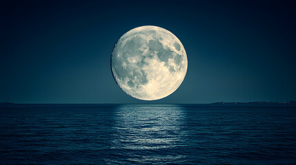 Lunar Serenity: A breathtaking view of the full moon casting a mesmerizing reflection on the calm, dark water, creating a scene of tranquility and celestial beauty.