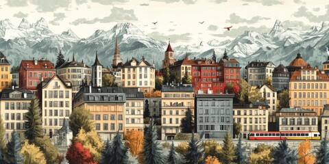 Fototapeta premium Quaint european town nestled before majestic mountains with a scenic train