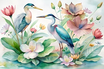 Obraz premium Watercolor Painting of Two Herons Amidst Lush Tropical Flowers and Foliage