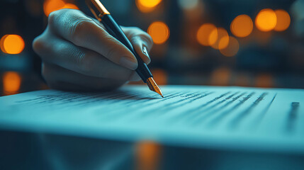 Close-up of a hand holding a pen, ready to sign a contract at the negotiation table, signing agreement, final stage of negotiation
