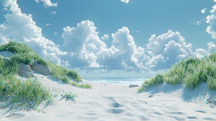 Obraz premium Serene Beach Pathway: A pristine sandy path leads towards the boundless ocean, framed by lush green grass and gentle sand dunes, under a brilliant sky adorned with fluffy clouds.