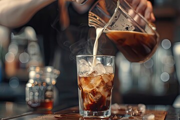 Vibrant Color Image of Man Pouring Milk in Iced Coffee