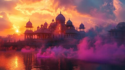 A breathtaking sunrise over a temple, with Holi colors drifting through the air like divine blessings