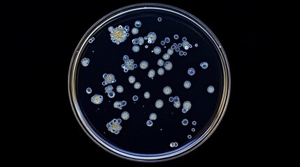 Petri Dish with Bacteria and Microorganisms on Black Background Scientific Research Concept.