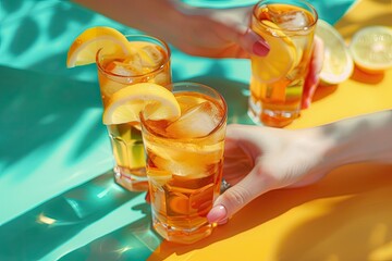 Female Hand with Glasses of Tasty Ice Tea with Lemon on Color Background