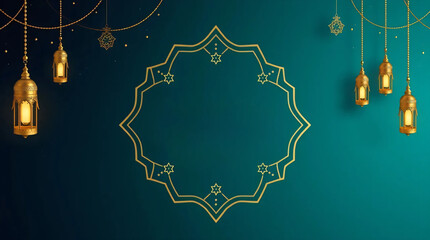 A Ramadan Kareem banner background template in rich deep teal, luxurious and vibrant