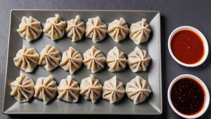  A delightful collection of steaming dumplings accompanied by a vibrant dipping sauce