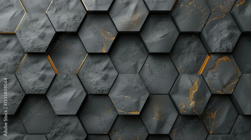 Poster seamless pattern of gray hexagons with gold distressed details, perfect for modern textures and eleg