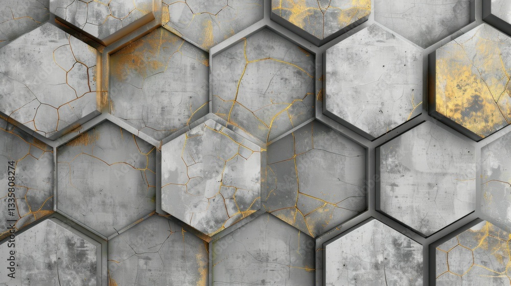 Poster seamless pattern of gray hexagons with gold distressed details, perfect for modern textures and eleg