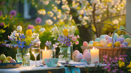  Elegant easter table setting with candles, flowers, and easter eggs outdoors