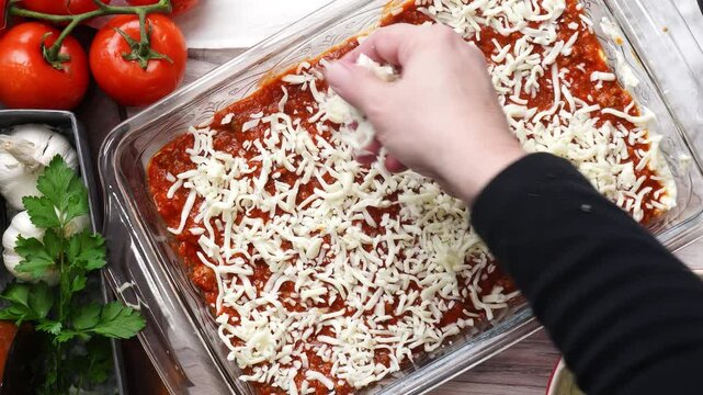 Cooking homemade lasagna from scratch.  Using noodles, pasta sauce, ricotta, mozzarella cheese and Italian herbs. Boiling the noodles, browning the ground beef and layering the lasagna for a meal.