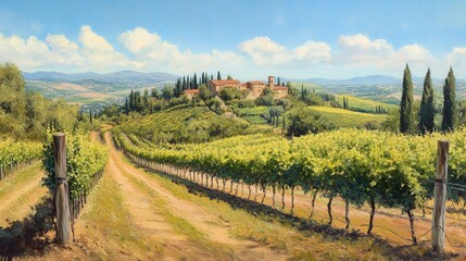 Fototapeta premium Beautiful vineyard landscape showing lush vineyards with clear blue sky and clouds