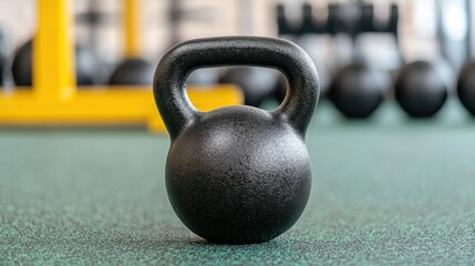 Fototapeta premium A close-up of a black kettlebell on a gym floor, showcasing fitness equipment for strength training and workout routines.