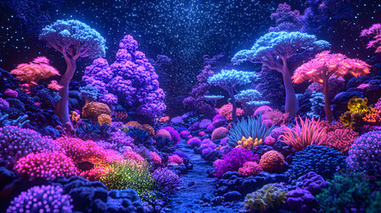 Enchanted Forest: A captivating surreal forest teeming with vibrant, otherworldly trees and colorful flora. The scene is aglow with bioluminescent magic, creating a whimsical and dreamlike atmosphere.