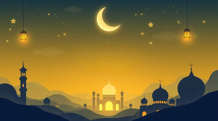 Epic Modern Flat Design Ramadan Kareem Background with Heroic Elements, Seamless Colors, and Lens Glow