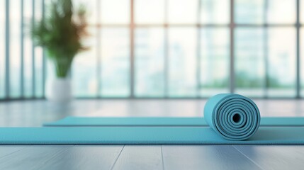 A serene yoga studio with a rolled yoga mat, promoting relaxation and wellness in a bright, airy environment.