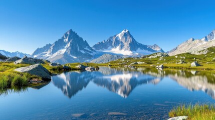 Naklejka premium Breathtaking mountain landscape reflecting in a serene lake under a clear blue sky, perfect for nature enthusiasts.