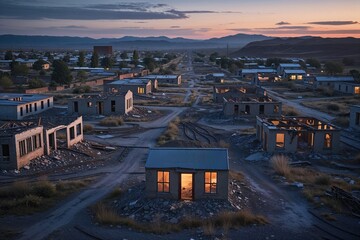 Evening Scenery of Abandoned Towns with Rooftops and Train Tracks