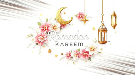 Ramadan Kareem Card with Gold Ornaments, Floral Design, and Dynamic Motion