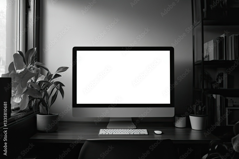 Wall mural white empty screen on modish computer for your design mock up on the monitor display