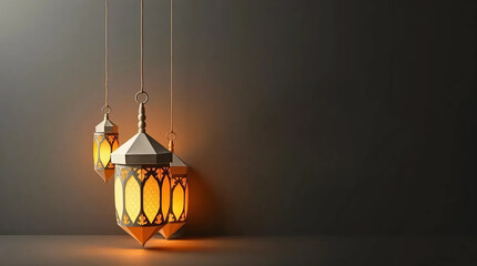 Ramadan Kareem Greeting Card with Origami Lanterns, Folded Paper Effect, Moody Style, and Geometric Precision