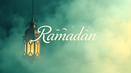 Surreal Ramadan Kareem Banner with Elegant Arabic Calligraphy, Warm Lantern, and Dreamy Hazy Atmosphere