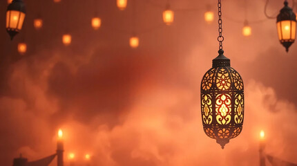 Surreal Ramadan Kareem Banner with Warm Colors, Intricate Lantern Design, and Dreamy Hazy Atmosphere