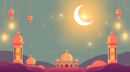 Adorable Ramadan Kareem Background with Flat Design, Vibrant Colors, Lens Flare, Light Streaks, and Charm