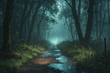 Obraz premium Enchanting Digital Artwork of a Rainy Forest Path with Atmospheric Ambiance