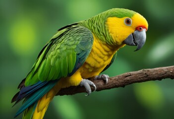 The yellow-green parrot perches on a branch on a green background