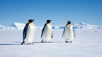 Three penguins on a snowy landscape