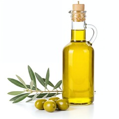 Fresh Olive Oil in Glass Bottle with Olives