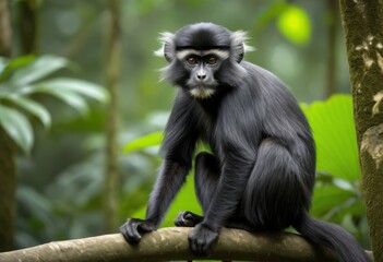 Fototapeta premium The black monkey sits on a branch of the forest