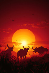 Silhouettes of grazing animals against a vibrant sunset in a serene landscape with distant mountains